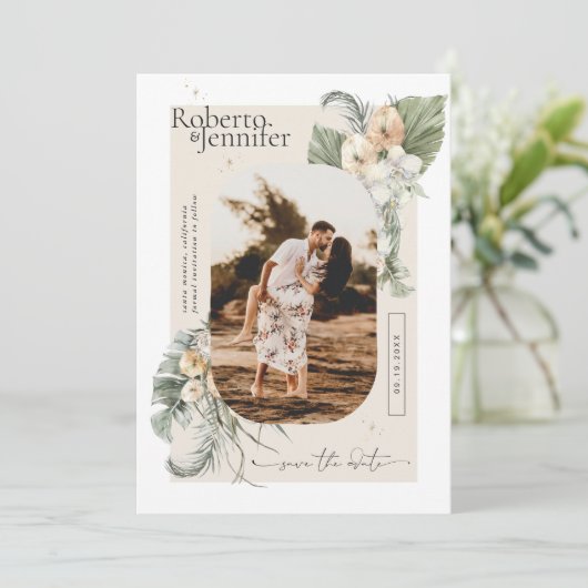 Moderne Boho-Wüste | Florales Foto Save the Date (Stehend Vorderseite)