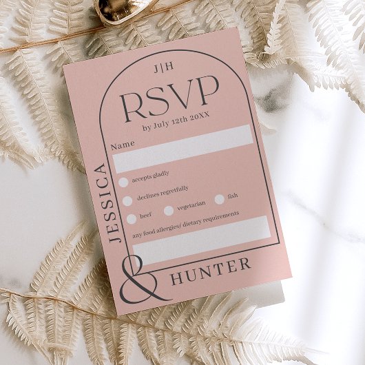 Moderne Bohobarche Hochzeit hellrosa grau RSVP Karte