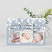 Moderne Bokeh Lights 3 Foto Geburtserklärung Ankündigung (Stehend Vorderseite)