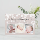 Moderne Bokeh Lights 3 Foto Geburtserklärung Ankündigung (Stehend Vorderseite)