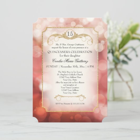 Moderne Bokeh Sparkle Rose Twinkle Quinceanera Einladung (Stehend Vorderseite)