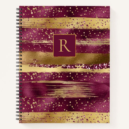 Moderne Bordeaux, goldene Pinselstriche und Monogr Notizblock (Vorderseite)