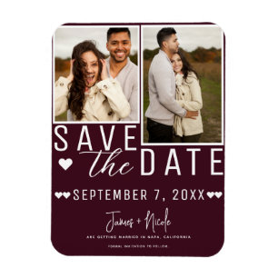 Moderne Bordeaux-rote Save-the-Date-Karte mit 2 Fo Magnet