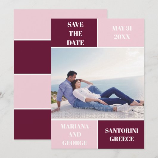 Moderne Bordeaux- und Blütenfarben Save The Date (Vorne/Hinten)