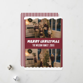 Moderne bordeauxrote Weihnachtskarte mit zwei Foto Feiertagskarte