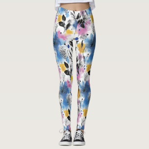 Moderne Botanik in Magenta Blau und Senf Leggings