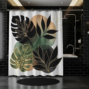 Moderne Botanische Abstrakte Kunst Schwarzes und G Duschvorhang