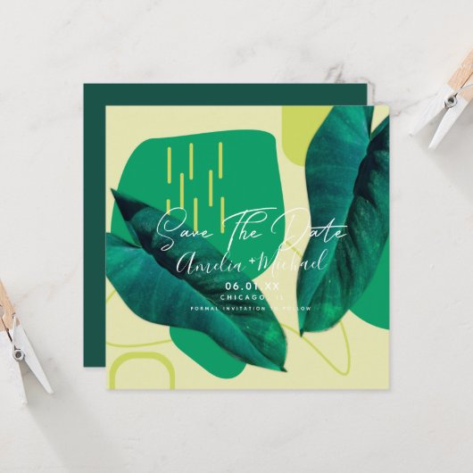 Moderne botanische Blattcollage - Save the Date Karte (Vorderseite/Rückseite Beispiel)