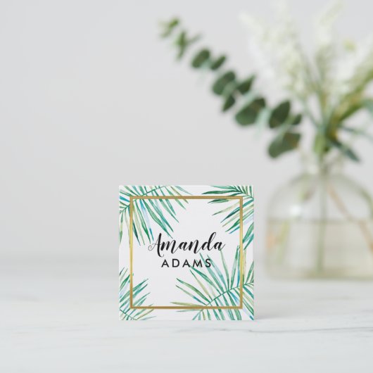 MODERNE BOTANISCHE BLÄTTER boho wasserfarbene Palm Quadratische Visitenkarte (Stehend Vorderseite)