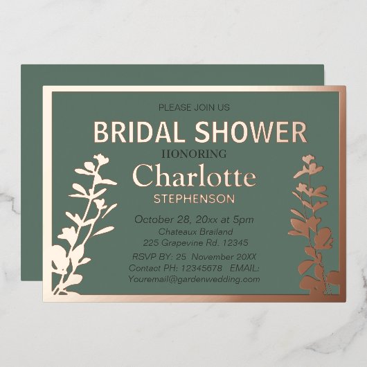 Moderne botanische Blätter Brautparty Rose Gold Folieneinladung (Vorderseite/Rückseite)