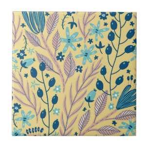 Moderne botanische blaue Blumengestaltung auf Beig Fliese