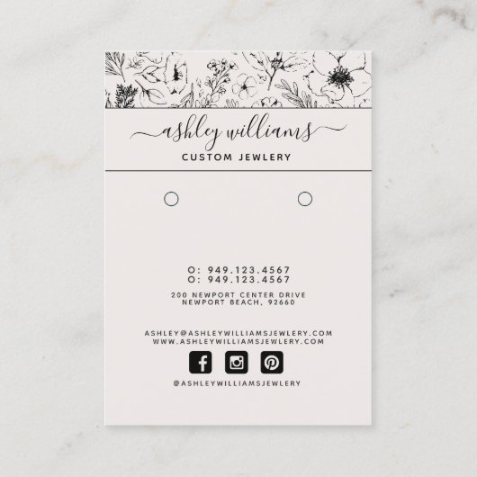Moderne botanische Blush & Black Earring Card Visitenkarte (Rückseite)