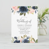 Moderne Botanische Blush & Navy Blumenhochzeit Einladung (Stehend Vorderseite)