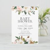 Moderne botanische Blush & White Floral Baby Dusch Einladung (Stehend Vorderseite)