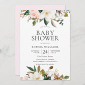 Moderne botanische Blush & White Floral Baby Dusch Einladung (Vorne/Hinten)