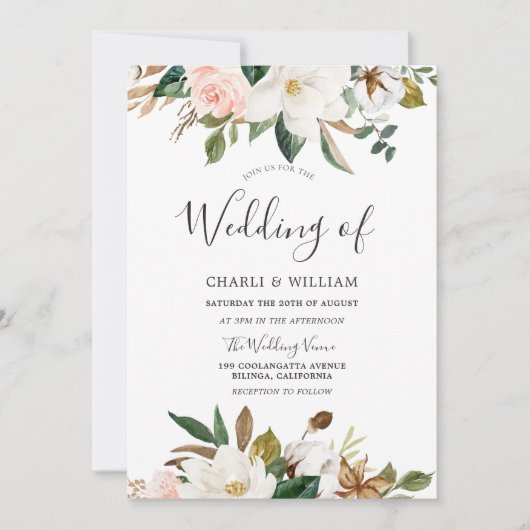 Moderne Botanische Blush & White Floral Wedding Einladung (Vorderseite)
