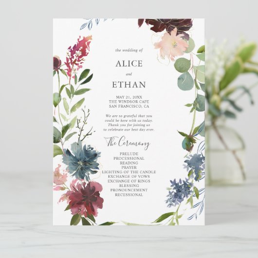 Moderne Botanische Burgund-Eukalyptus-Hochzeit Programm (Stehend Vorderseite)