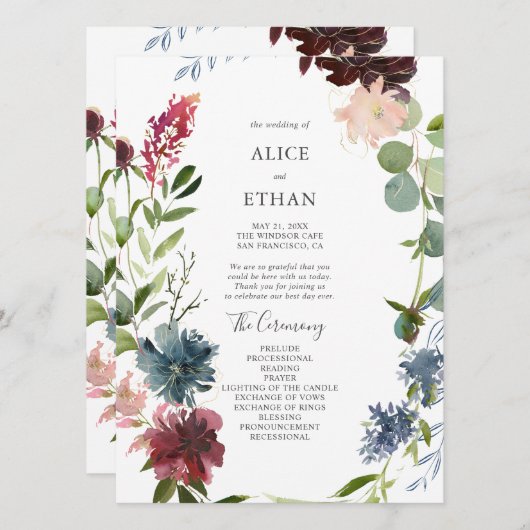 Moderne Botanische Burgund-Eukalyptus-Hochzeit Programm (Vorne/Hinten)