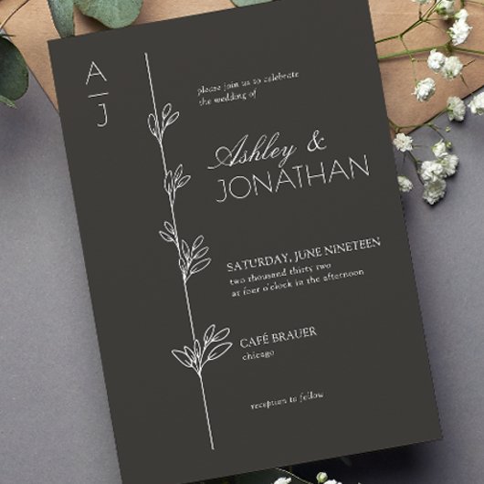 Moderne botanische Dividende Hochzeit Schwarz Einladung