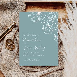 Moderne botanische Dusty Blue- und weiße Linienkun Save The Date