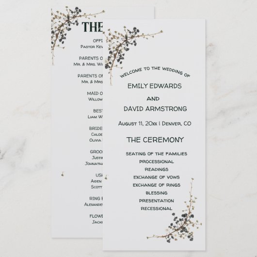 Moderne botanische elegante Hochzeitsprogramm (Vorne/Hinten)