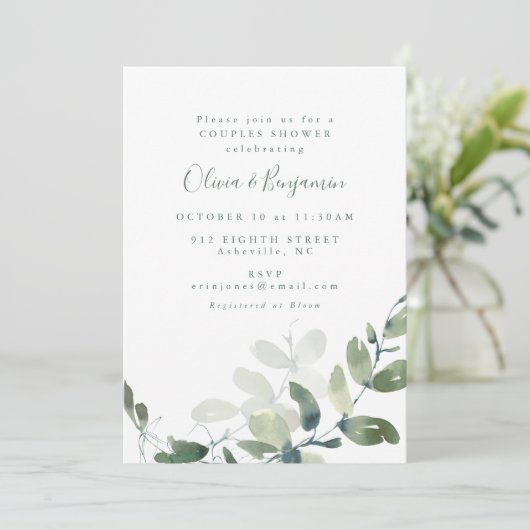 Moderne botanische Eukalyptus-Boho-Paar-Dusche Einladung (Stehend Vorderseite)