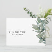 Moderne botanische Eukalyptus-Hochzeit Dankeskarte (Stehend Vorderseite)