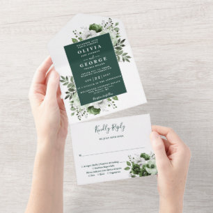 Moderne botanische Floral-Hochzeit in Smaragdgrün All In One Einladung