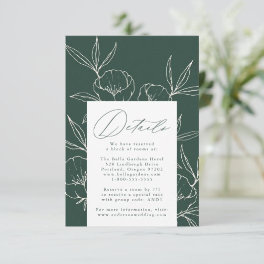 Moderne botanische florale dunkelgrüne Hochzeitsde Begleitkarte (Stehend Vorderseite)