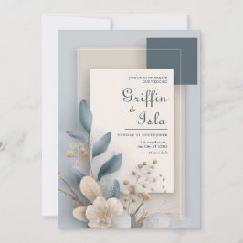 Moderne Botanische Geometrische Hochzeit Blau und Einladung