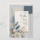 Moderne Botanische Geometrische Hochzeit Blau und Einladung (Vorne/Hinten)