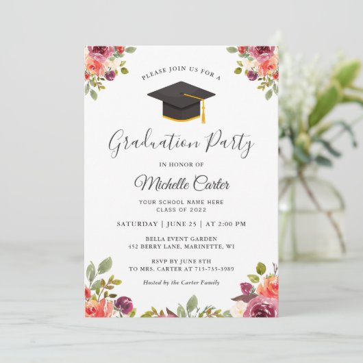 Moderne botanische Girl Grad Graduierungsparty Einladung (Stehend Vorderseite)