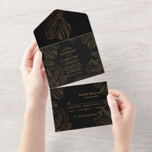Moderne botanische goldene Natur-Blumen-Hochzeit All In One Einladung