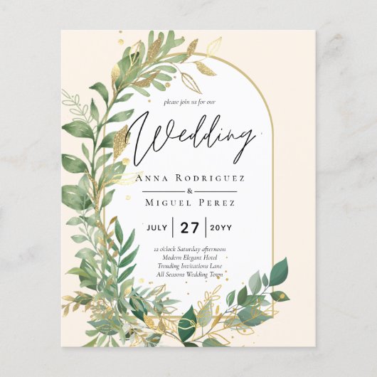 Moderne botanische Greenerie Leaf Gold Wedding Ein Flyer (Vorne)