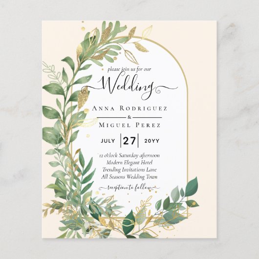 Moderne botanische Greenerie Leaf Gold Wedding Ein Flyer (Vorne)