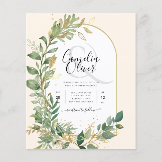 Moderne botanische Greenerie Leaf Gold Wedding Ein Flyer (Vorne)