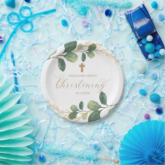 Moderne botanische Grün-TaufKalligraphie Pappteller (Party)