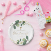 Moderne botanische Grün-TaufKalligraphie Pappteller (Party)