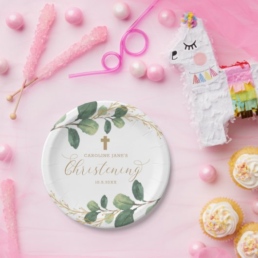 Moderne botanische Grün-TaufKalligraphie Pappteller (Party)