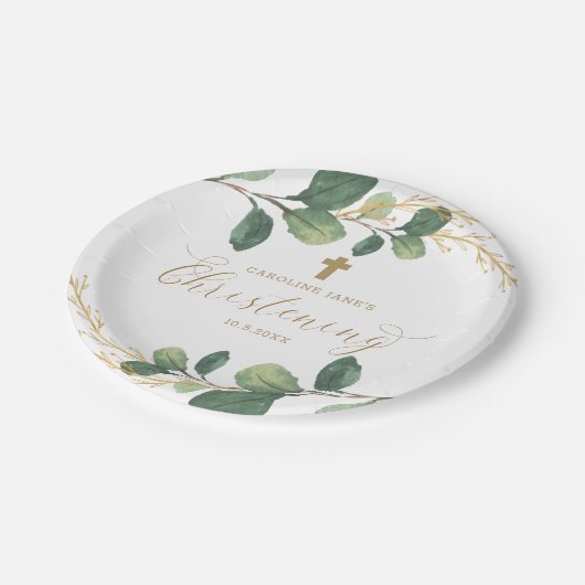 Moderne botanische Grün-TaufKalligraphie Pappteller (Schrägansicht)