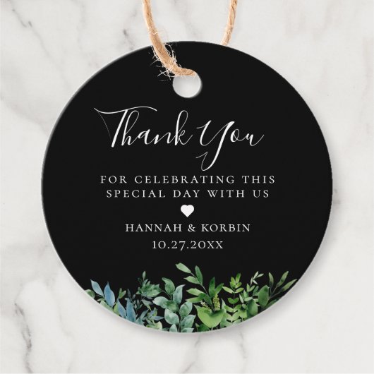 Moderne Botanische Grüne Schwarze Hochzeit Geschenkanhänger (Vorderseite)