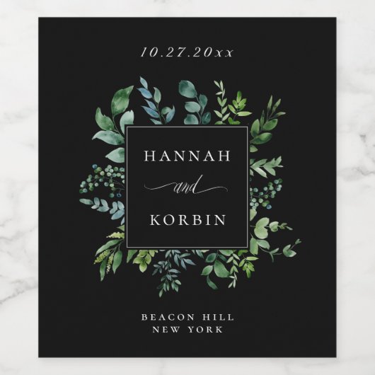 Moderne Botanische Grüne Schwarze Hochzeit Weinetikett (Einzelnes Label)