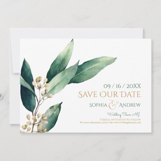 Moderne botanische Grüntöne rustikal Save-the-Date Save The Date (Vorderseite)
