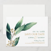 Moderne botanische Grüntöne rustikal Save-the-Date Save The Date (Vorne/Hinten)