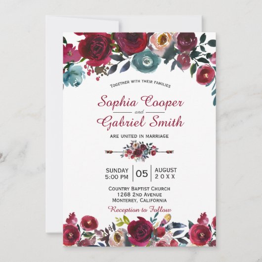 Moderne Botanische Hochzeit der Marine Einladung (Vorderseite)