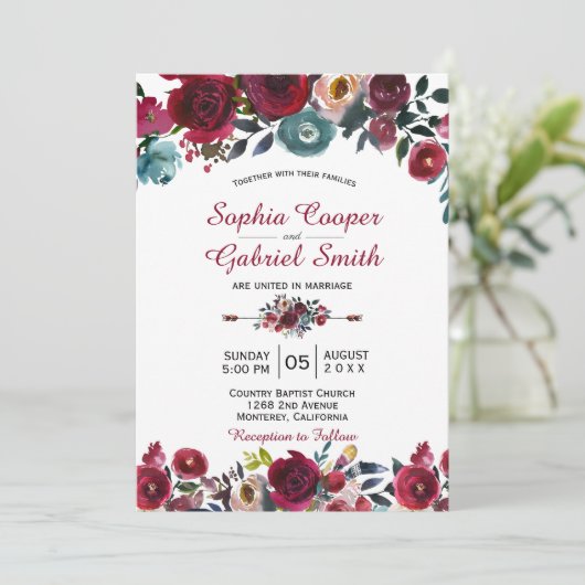 Moderne Botanische Hochzeit der Marine Einladung (Stehend Vorderseite)