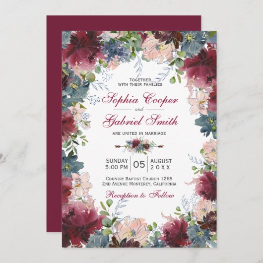 Moderne Botanische Hochzeit der Marine Pink Floral Einladung (Vorne/Hinten)