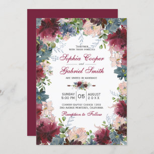 Moderne Botanische Hochzeit der Marine Pink Floral Einladung