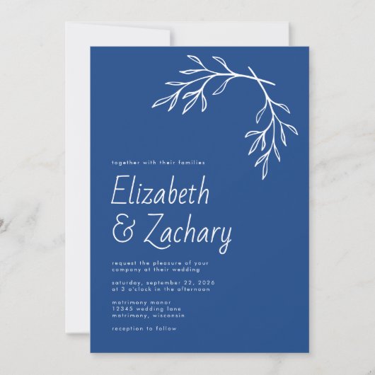 Moderne botanische Hochzeit des Blauen Indizes Einladung (Vorderseite)