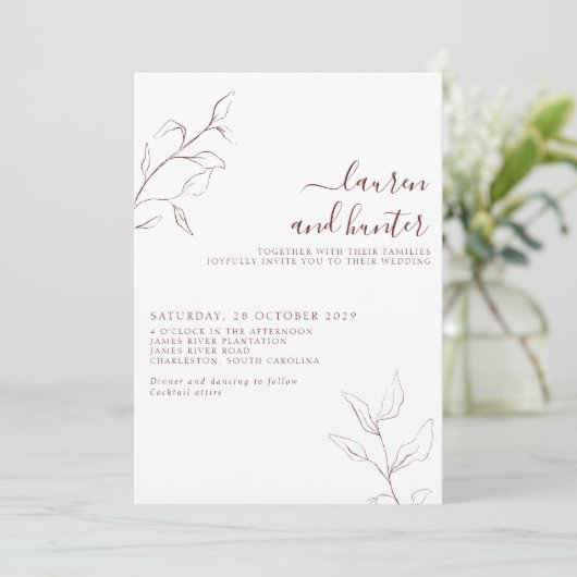 Moderne Botanische Hochzeit des Burgundy-Script-Bo Einladung (Stehend Vorderseite)